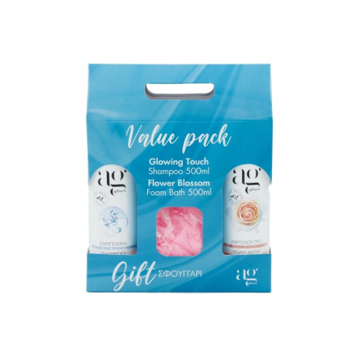 agPharm Value Pack Glowing Touch Shampoo Σαμπουάν 500ml & Flower Blossom Foam Bath Αφρόλουτρο 500ml & Δώρο Σφουγγάρι 1τμχ
